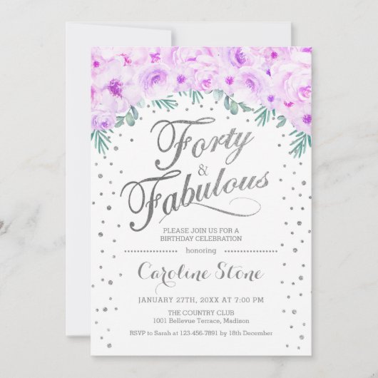 Invitation 40 Fabuleux fête d'anniversaire - Blanc Argent vio (Devant)