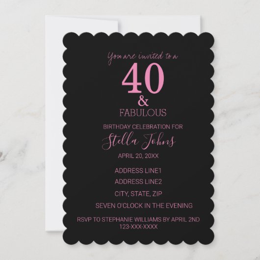 Invitation 40 Fabuleux Pink Black Scallcut Anniversaire tenda (Devant)