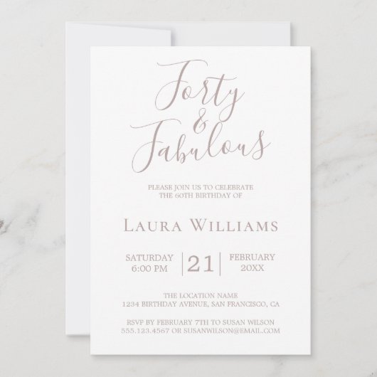 Invitation 40 Fabuleux rose blanc 40e fête d'anniversaire (Devant)