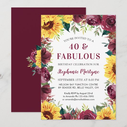 Invitation 40 & Fabuleux Sunflower Bourgogne Rose Anniversair (Devant / Derrière)