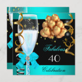 Invitation 40 Fabuleux Turquoise Blue Gold 40e fête d'anniver (Devant / Derrière)