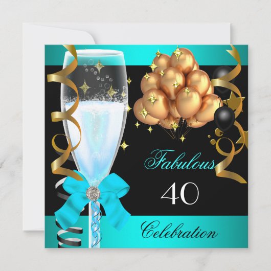 Invitation 40 Fabuleux Turquoise Blue Gold 40e fête d'anniver (Devant)