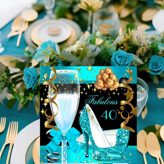 Invitation 40 Fabuleux Turquoise Blue Gold 40e fête d'anniver