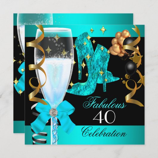 Invitation 40 Fabuleux Turquoise Blue Gold 40e fête d'anniver (Devant / Derrière)