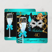 Invitation 40 Fabuleux Turquoise Blue Gold Masquerade Party (Devant / Derrière)