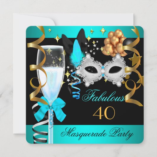 Invitation 40 Fabuleux Turquoise Blue Gold Masquerade Party (Devant)