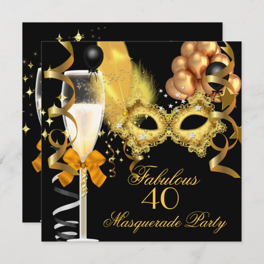 Invitation 40 & Fabulous Gold Black Masquerade Party (Devant / Derrière)