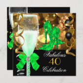 Invitation 40 & Fabulous Lime Green Black Gold fête d'anniver (Devant / Derrière)