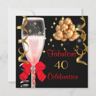 Invitation 40 & Fabulous Red Black Gold fête d'anniversaire