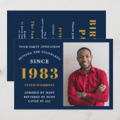 Invitation 40e anniversaire 1983 Nom Photo Blue Gold (Devant / Derrière)