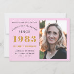 Invitation 40e anniversaire 1983 Nom Photo Rose Grey<br><div class="desc">Pour ceux qui fêtent leur anniversaire, nous avons l'invitation idéale de fête d'anniversaire avec l'occasion d'ajouter une photo. L'arrière - plan rose avec un design de typographie gris et or est simple et élégant. Customisez facilement le texte de ce cadeau d'anniversaire en utilisant le modèle fourni. Recherche en magasin pour...</div>