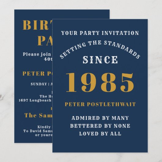 Invitation 40e Anniversaire 1985 Blue Gold Personnalisé Pour  (Devant / Derrière)