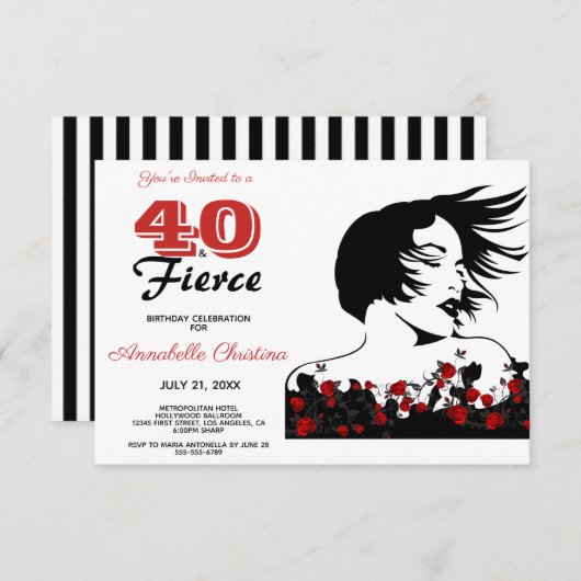 Invitation 40e anniversaire 40 & FIERCE Moderne Noir/Blanc/Ro (Devant / Derrière)