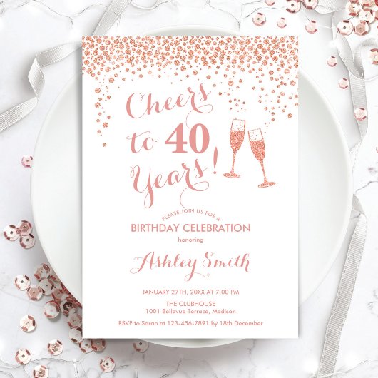 Invitation 40e anniversaire - À 40 ans or rose blanc