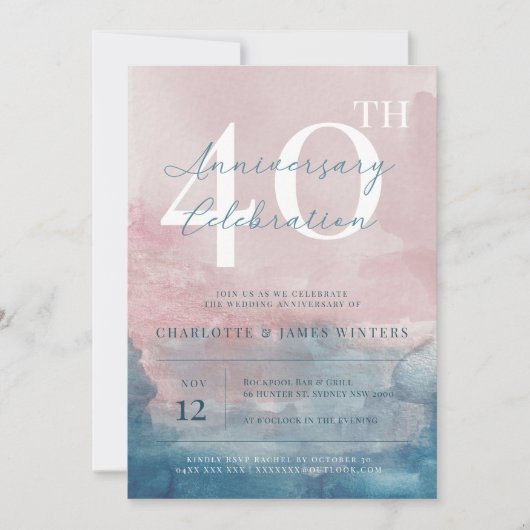 Invitation 40e anniversaire aquarelle rose et bleu (Devant)