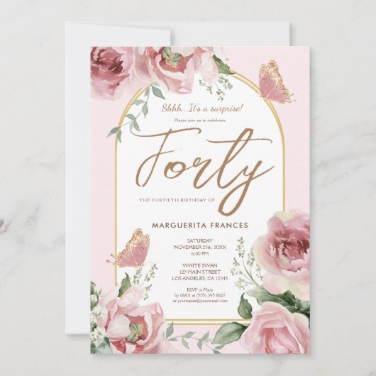 Invitation 40e anniversaire Aquarelle rose pâle Roses floraux (Devant)