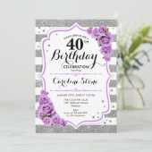 Invitation 40e anniversaire - Argent blanc rayures Roses viol (Debout devant)