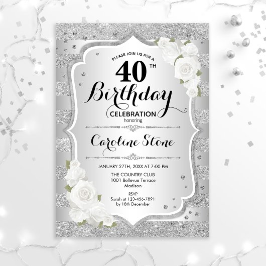 Invitation 40e anniversaire - Argent rayures Roses blanches