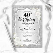 Invitation 40e anniversaire - Argent rayures Roses blanches
