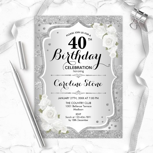 Invitation 40e anniversaire - Argent rayures Roses blanches
