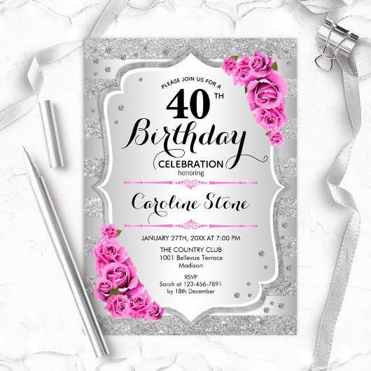 Invitation 40e anniversaire - Argent rayures roses roses rose