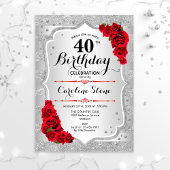 Invitation 40e anniversaire - Argent rayures Roses rouges