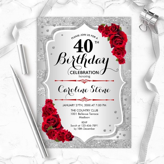 Invitation 40e anniversaire - Argent rayures Roses rouges