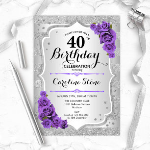 Invitation 40e anniversaire - Argent Stripes Rose pourpre