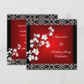 Invitation 40e anniversaire Asiatique Rouge Noir Floral Argen (Devant / Derrière)