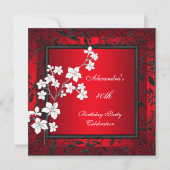Invitation 40e anniversaire Asiatique Rouge Noir Floral Argen (Devant)