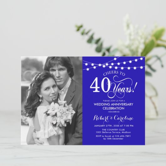 Invitation 40e anniversaire avec photo - Bleu saphir (Debout devant)