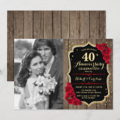 Invitation 40e Anniversaire avec Photo - Bois & Roses Rouges (Devant / Derrière)