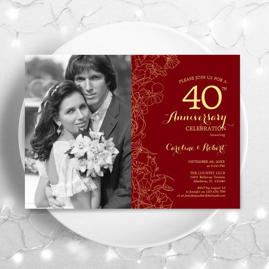 Invitation 40e Anniversaire Avec Photo Floral Rouge Rubis Or