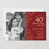Invitation 40e Anniversaire Avec Photo Florale Rouge Rubis Or (Devant)