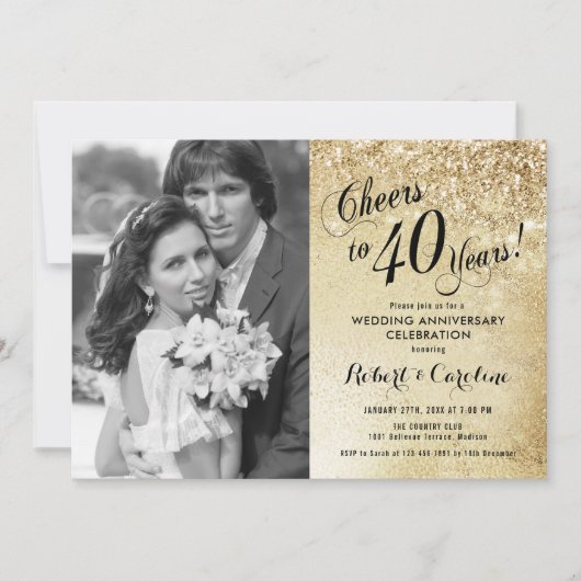 Invitation 40e anniversaire avec photo - Or (Devant)