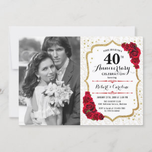 Invitation 40e anniversaire avec photo - or rouge rubis