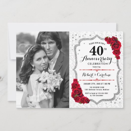Invitation 40e anniversaire avec photo - Rouge rubis argent (Devant)