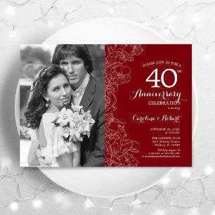 Invitation 40e anniversaire avec photo rouge rubis blanc flor