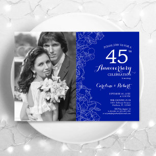 Invitation 40e anniversaire avec photo saphir blanc floral