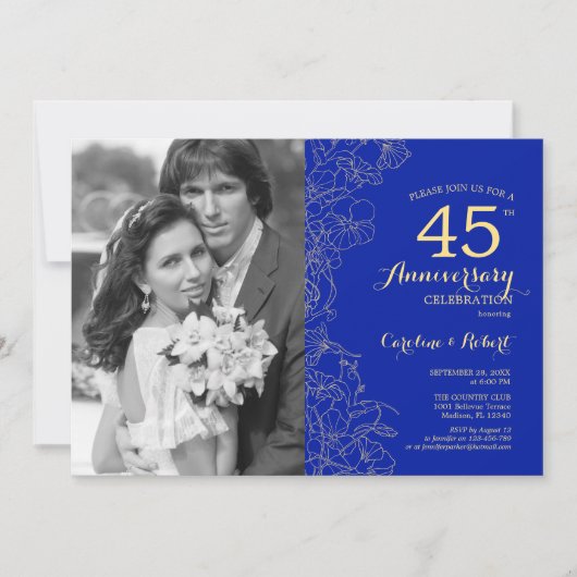 Invitation 40e anniversaire avec photo Saphir Or Floral (Devant)