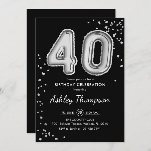 Invitation 40e anniversaire - Ballons d'argent noir (Devant / Derrière)