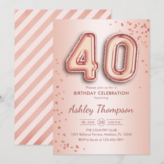 Invitation 40e anniversaire - Ballons d'or Rose (Devant / Derrière)