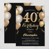 Invitation 40e anniversaire Ballons Noir et Or Confetti (Devant / Derrière)
