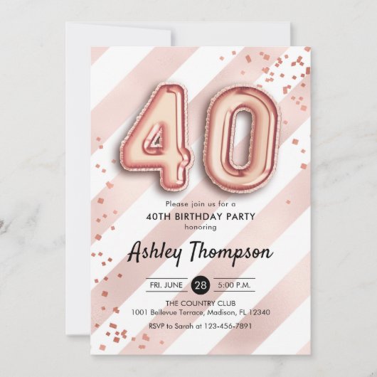 Invitation 40e anniversaire - Ballons Roses en or (Devant)