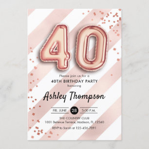 Invitation 40e anniversaire - Ballons Roses en or
