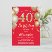 Invitation 40e anniversaire Ballons rouges et or Confetti (Debout devant)