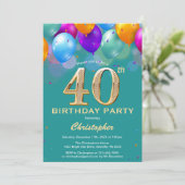 Invitation 40e anniversaire Ballons Turquoises et dorés (Debout devant)