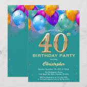 Invitation 40e anniversaire Ballons Turquoises et dorés (Devant / Derrière)