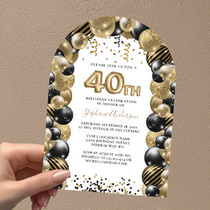 Invitation 40e anniversaire Balloon Gold Black Sparkle Invita