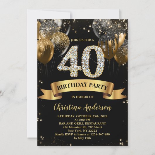 Invitation 40e anniversaire Black Gold Parties scintillant Ba (Devant)